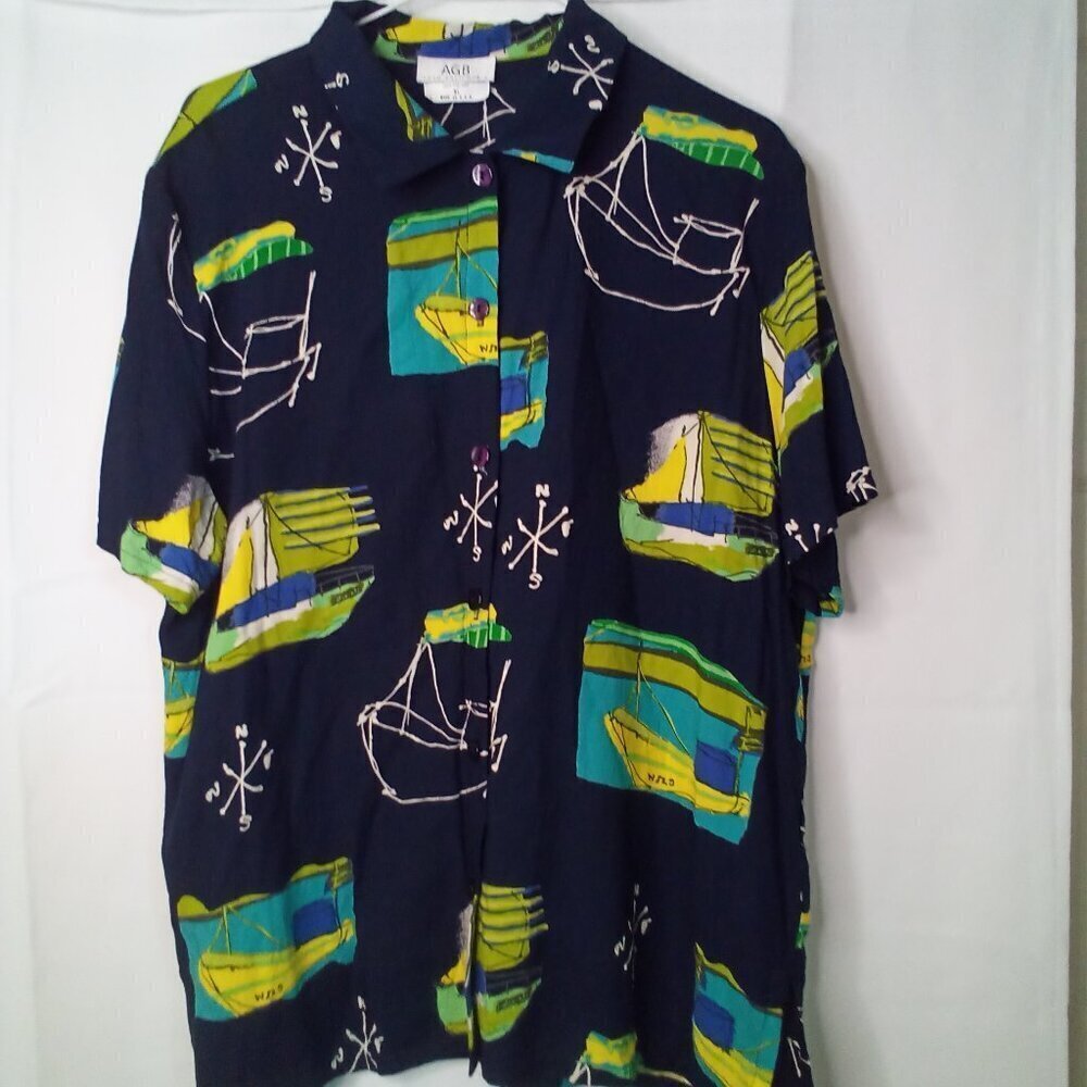 AGB Byer California Shirt Women XL Short Sleeve Boats Nautical Black Blue